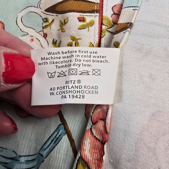 Ritz Apron Half Bluebird Rose Teapot Print Aqua Pink Vintage Cottagecore Kitchen - Picture 9 of 11